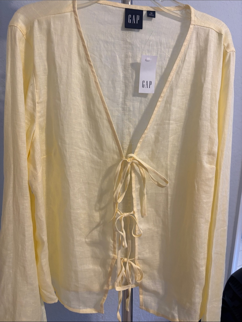 GAP Pale Yellow Tie-Front Lightweight Linen Blouse